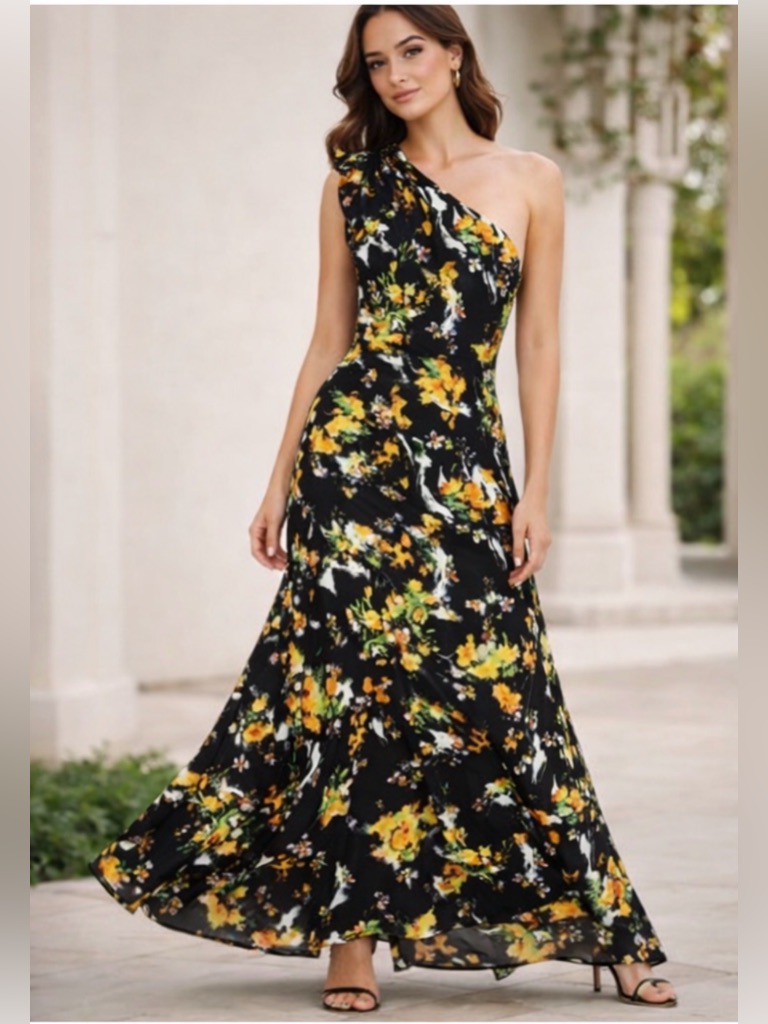 Mac Duggal Black Multi Floral One Shoulder Midi Dress New With Tags